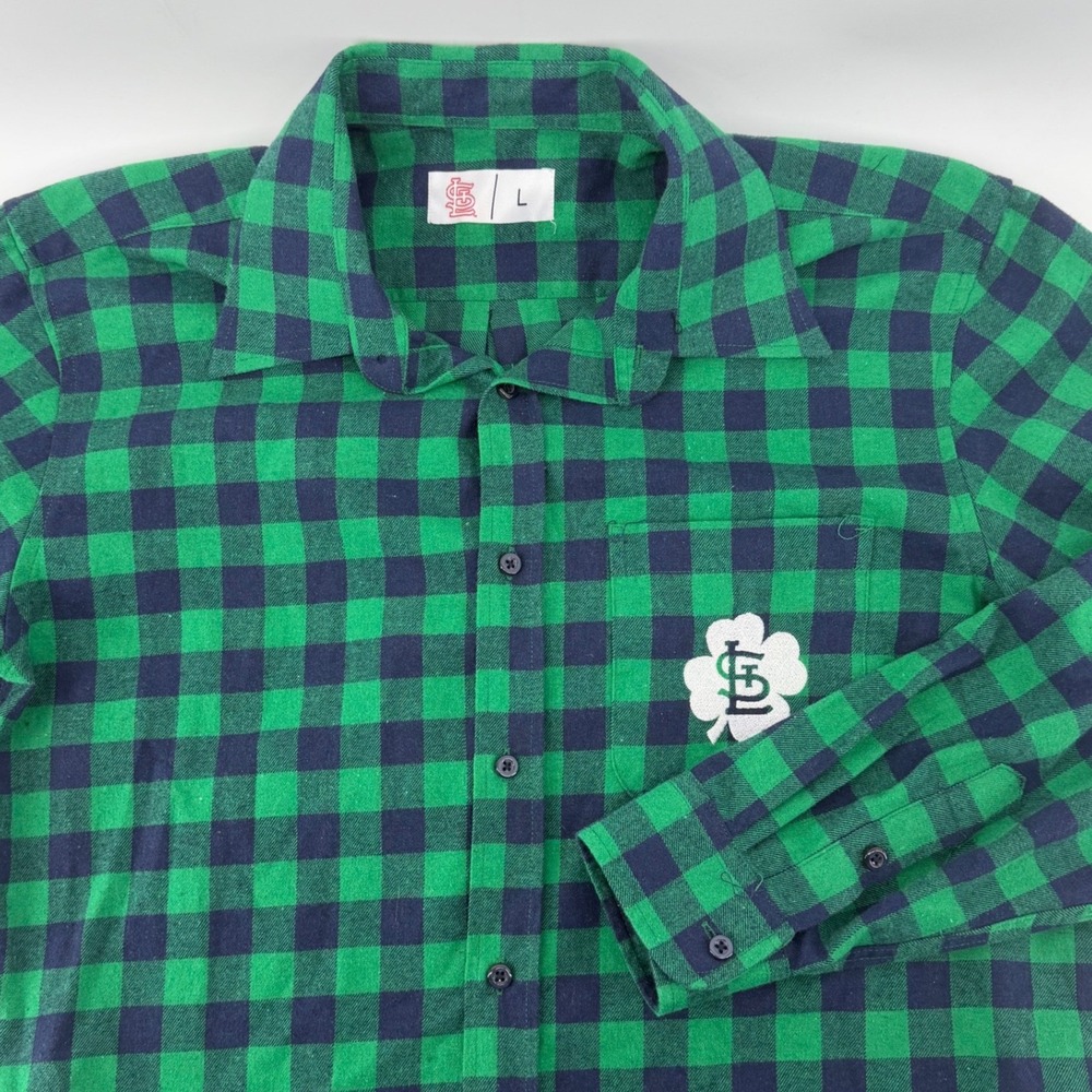 St Louis Cardinals Shirt Men L Green Navy Plaid Shamrock St Patricks Day Flannel